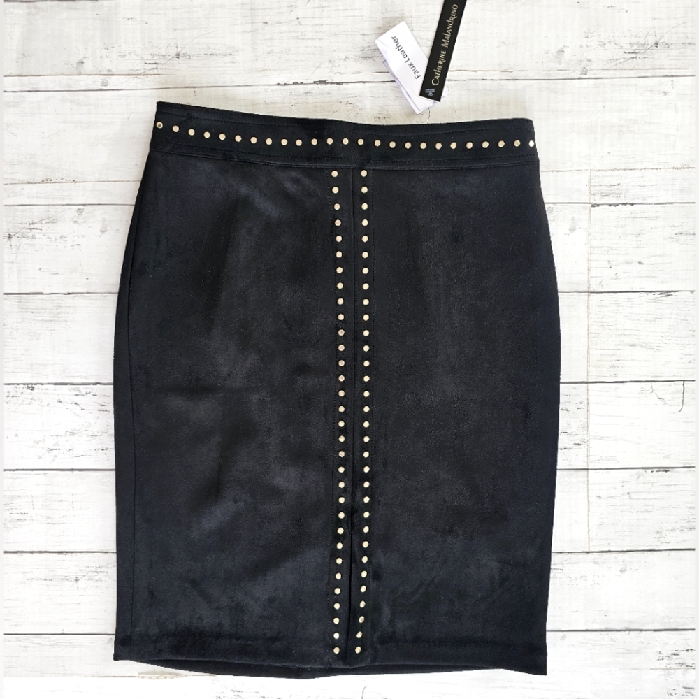 Catherine Malandrino Black Faux Leather Suede Gold Stud Pencil Skirt Size 4